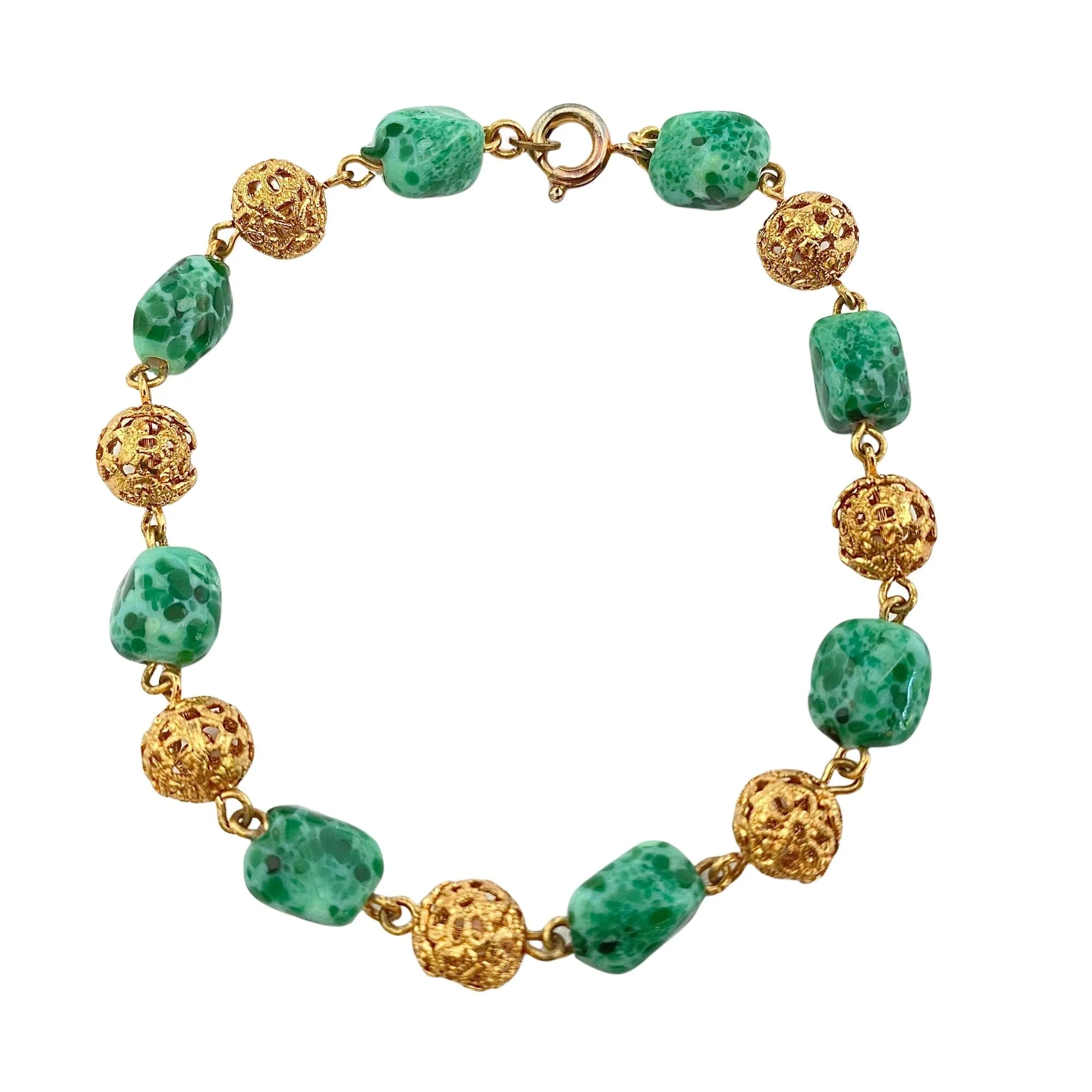 Vintage Speckled Jade and Filigree Bead Bracelet