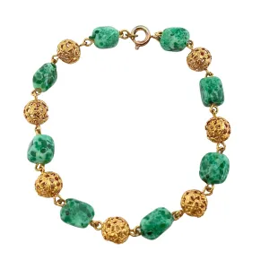 Vintage Speckled Jade and Filigree Bead Bracelet