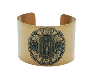 Vintage Style Cuff Bracelet, Guadalupe Medal, Black Diamond Swarovski Crystals