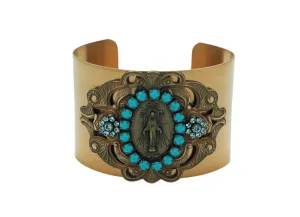 Vintage Style Cuff Bracelet, Miraculous Medal, Turquoise Swarovski Crystals