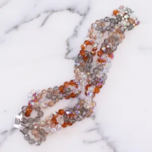Vintage Vendome Looped Aurora Borealis, Amber, and Smoke Faceted Crystal Bead Bracelet with Rhinestones Clasp