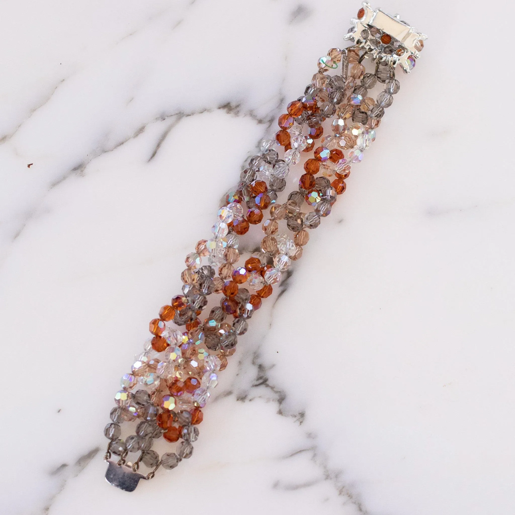 Vintage Vendome Looped Aurora Borealis, Amber, and Smoke Faceted Crystal Bead Bracelet with Rhinestones Clasp