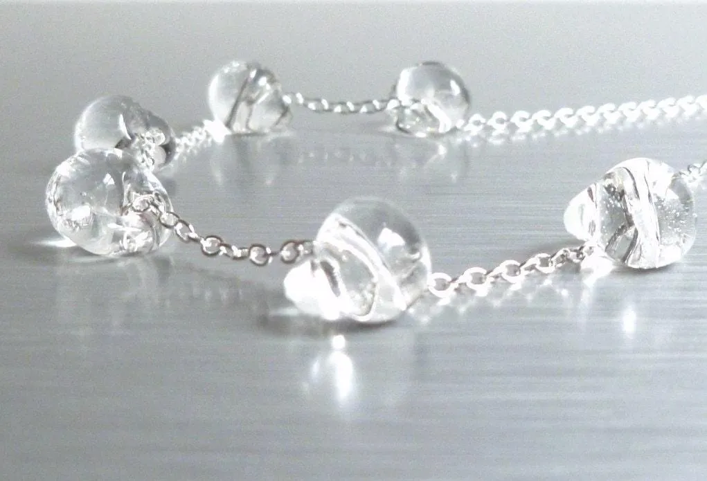 Water Necklace, clear glass drops, clear teardrop, silver chain, delicate chain, minimalist necklace, clear glass bead small glass tear drop