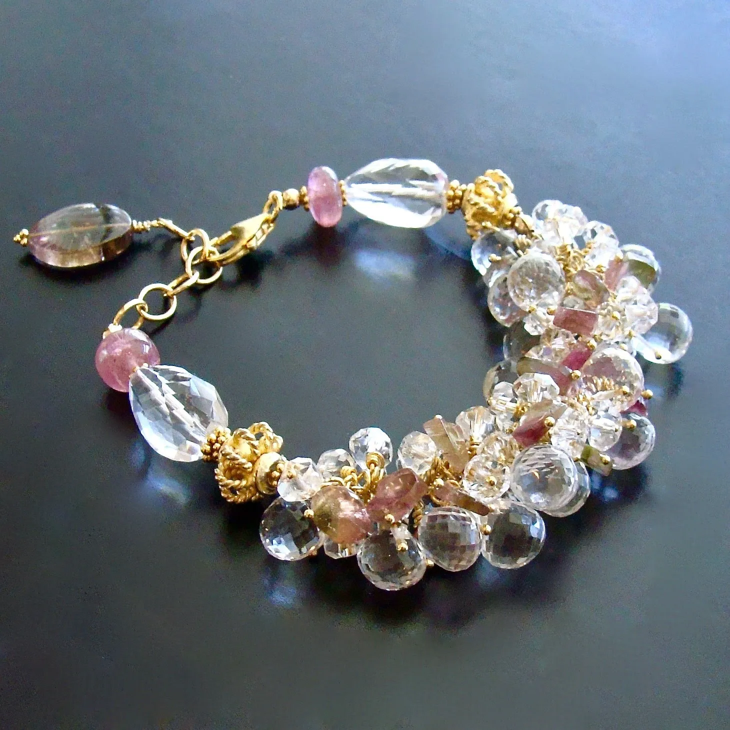 Watermelon Tourmaline Rock Crystal Adjustable Cluster Bracelet - Fleurs Confites Bracelet