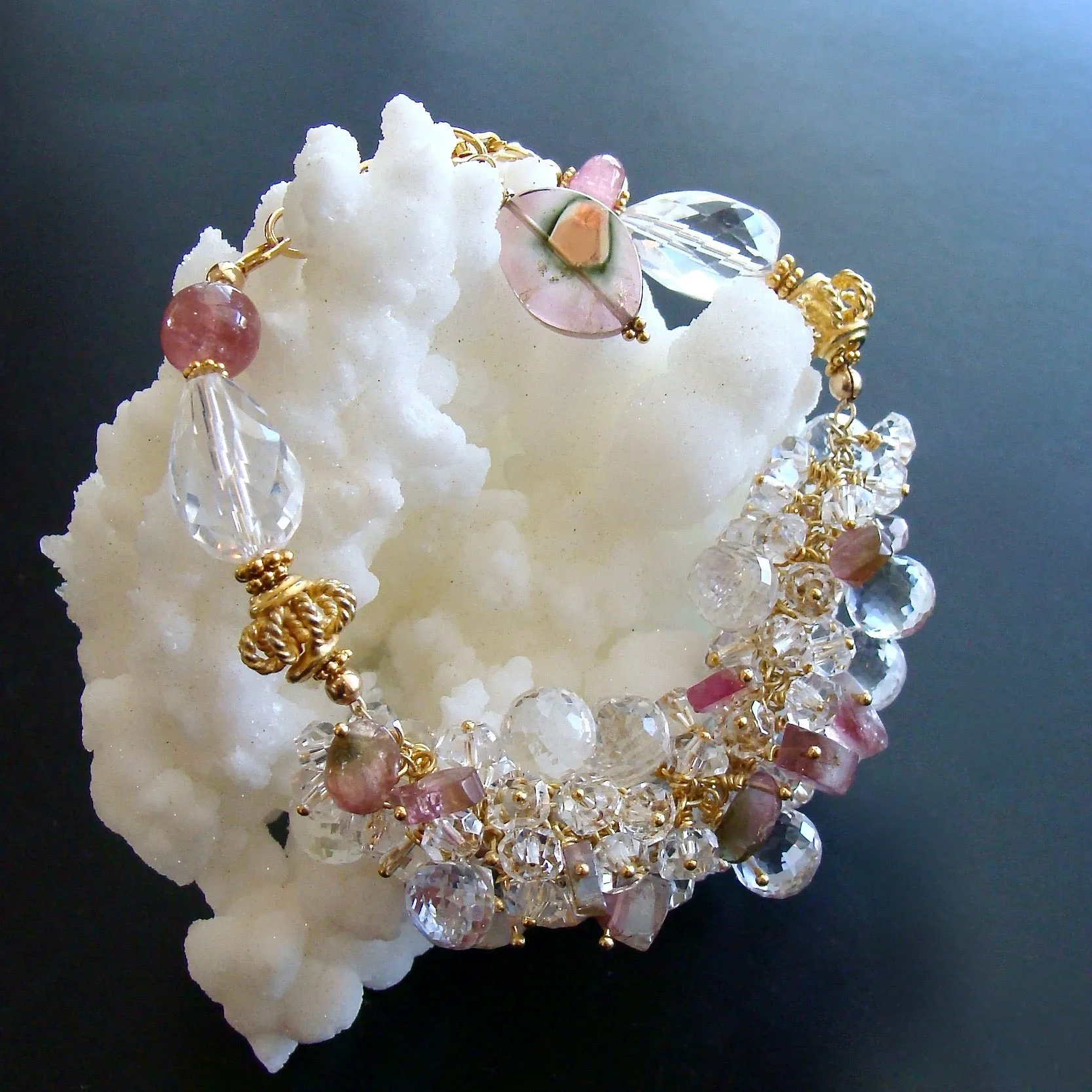 Watermelon Tourmaline Rock Crystal Adjustable Cluster Bracelet - Fleurs Confites Bracelet