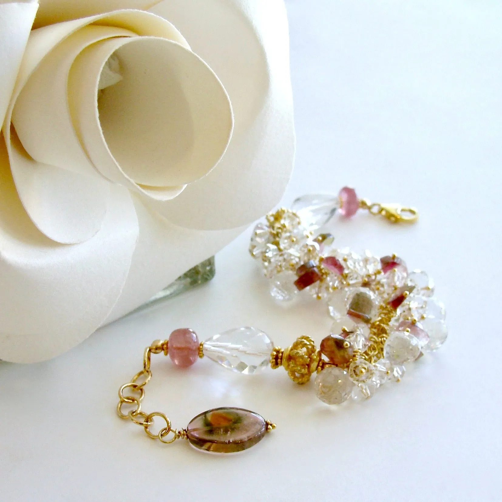 Watermelon Tourmaline Rock Crystal Adjustable Cluster Bracelet - Fleurs Confites Bracelet