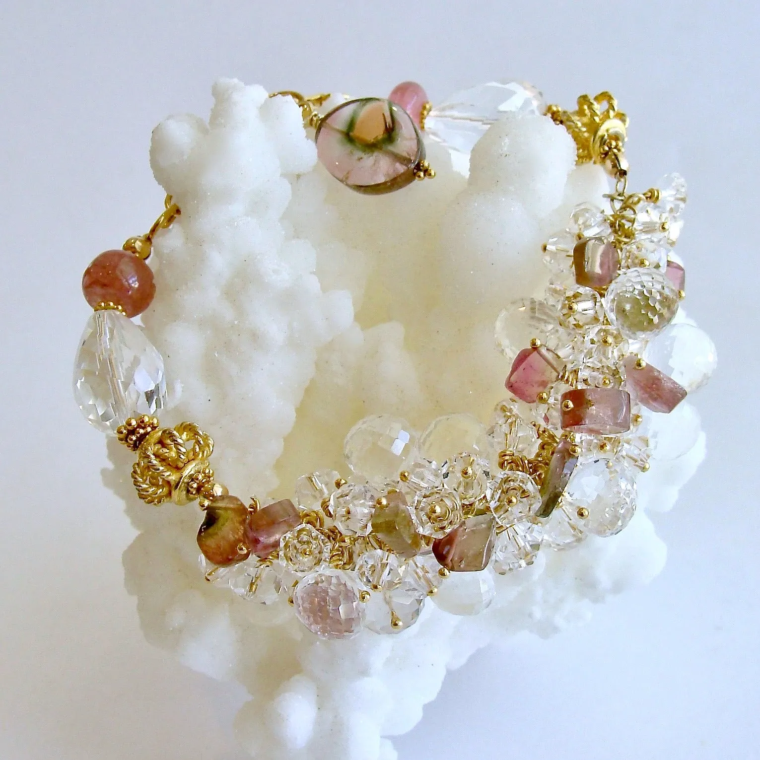 Watermelon Tourmaline Rock Crystal Adjustable Cluster Bracelet - Fleurs Confites Bracelet