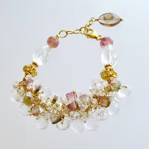 Watermelon Tourmaline Rock Crystal Adjustable Cluster Bracelet - Fleurs Confites Bracelet