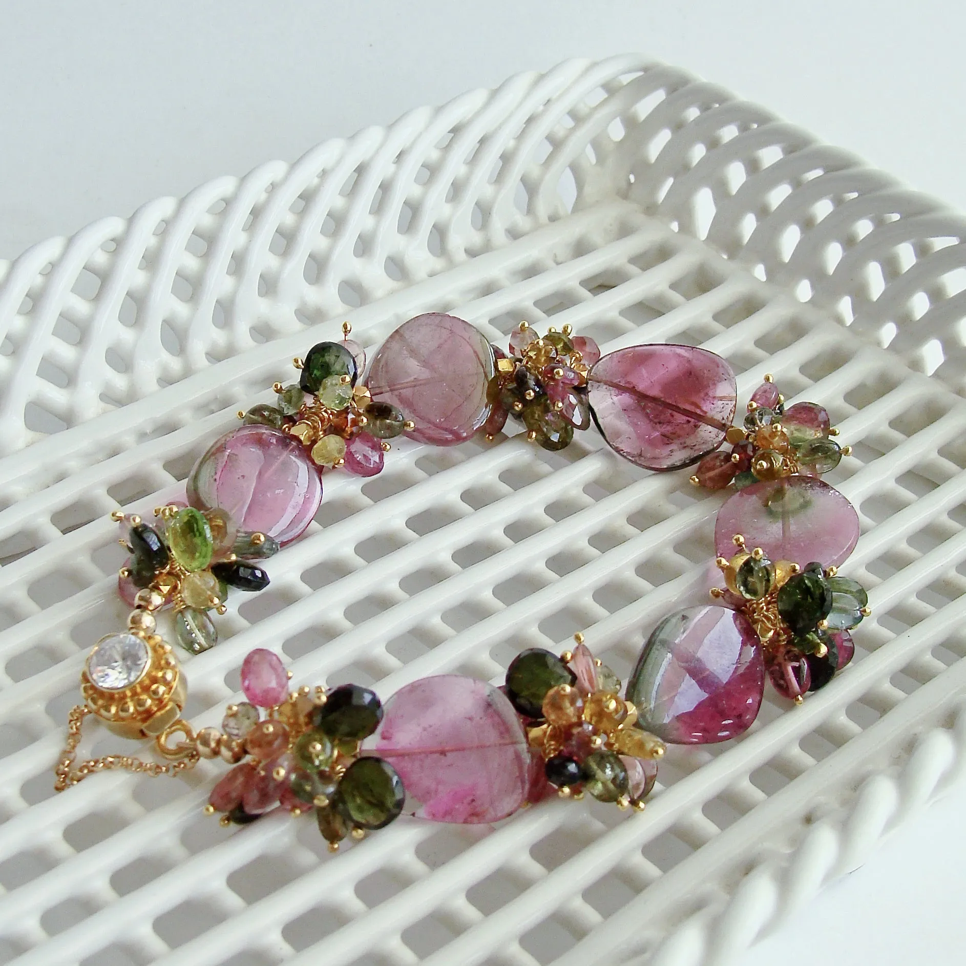 Watermelon Tourmaline Slices Tourmaline Cluster Bracelet -  Clarissa VII Bracelet