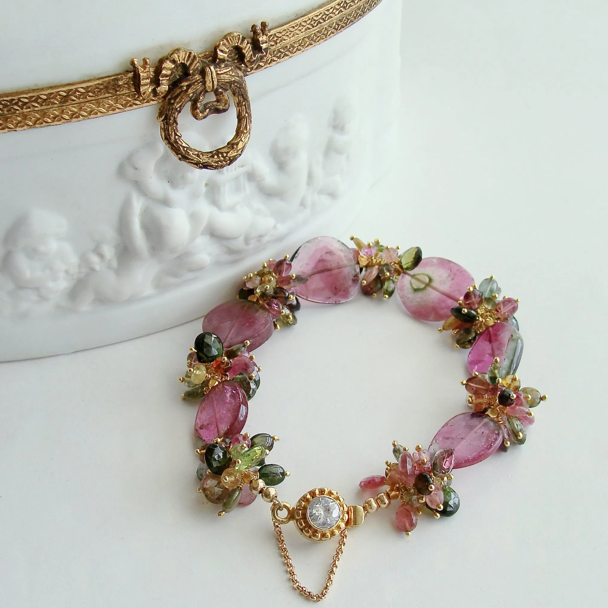 Watermelon Tourmaline Slices Tourmaline Cluster Bracelet -  Clarissa VII Bracelet