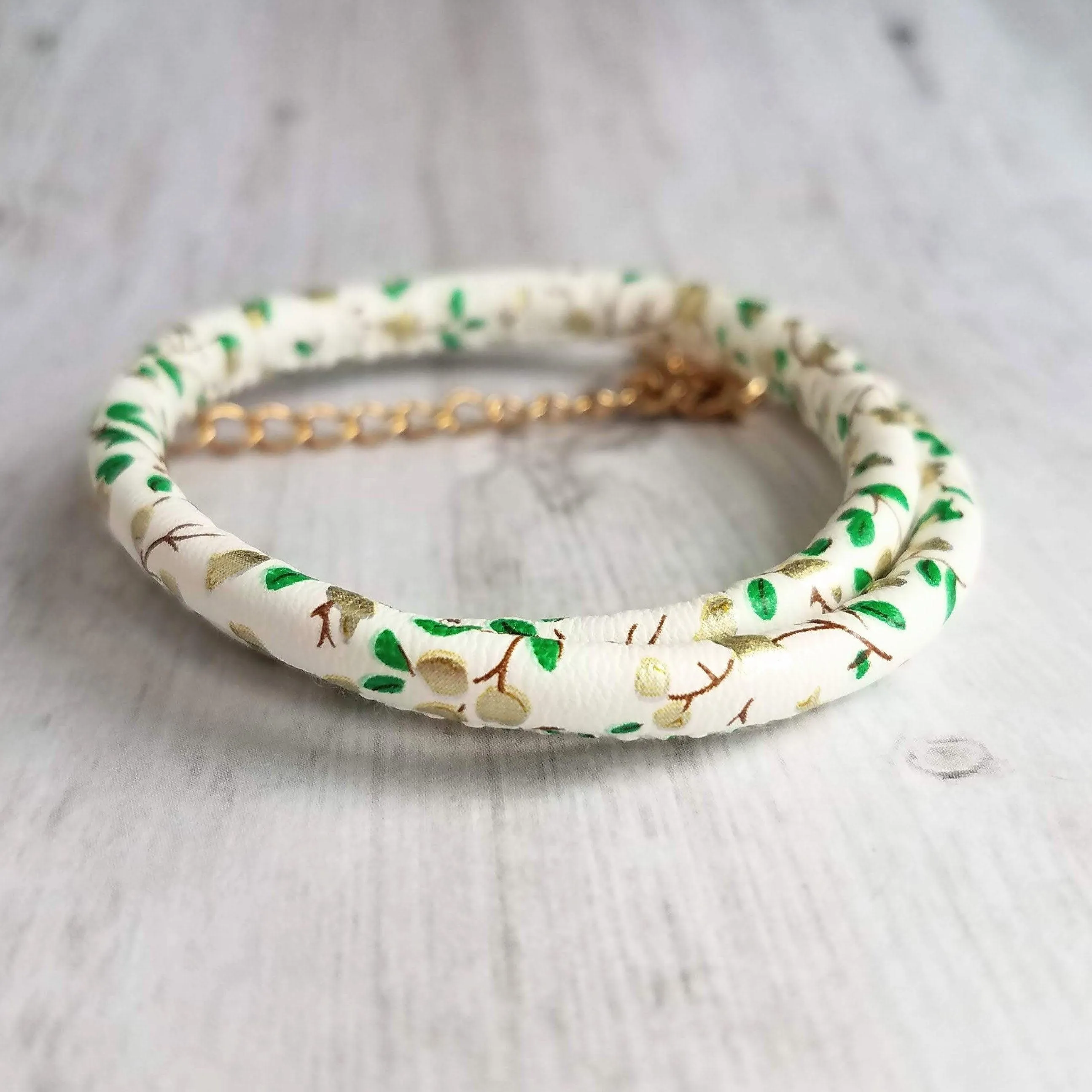 White Faux Leather Bracelet, vegan bracelet, imitation leather bracelet, white cord bracelet, double wrap bracelet, leaf wrap, gold clasp