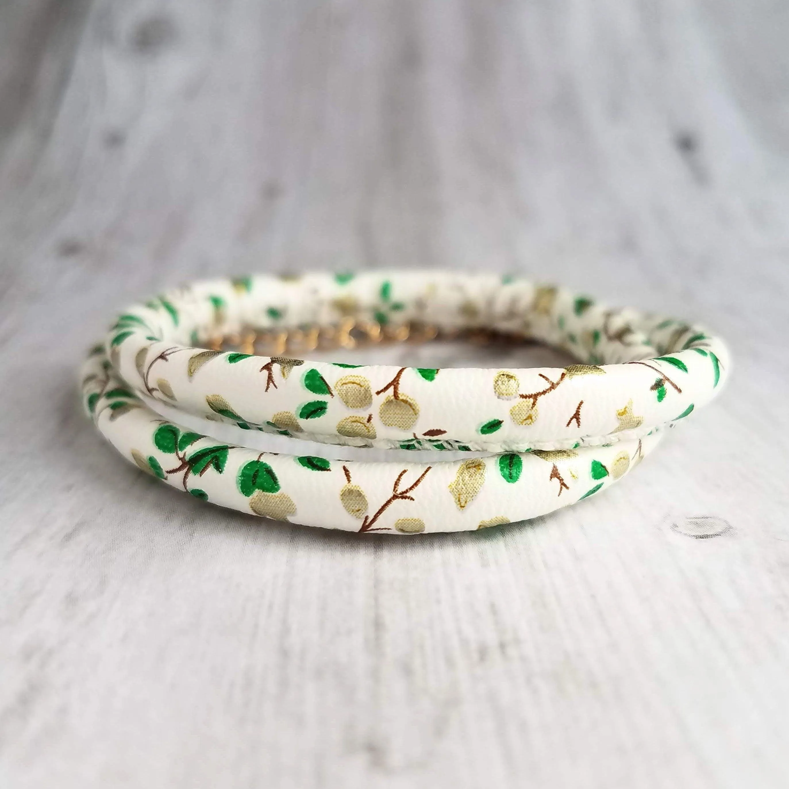White Faux Leather Bracelet, vegan bracelet, imitation leather bracelet, white cord bracelet, double wrap bracelet, leaf wrap, gold clasp