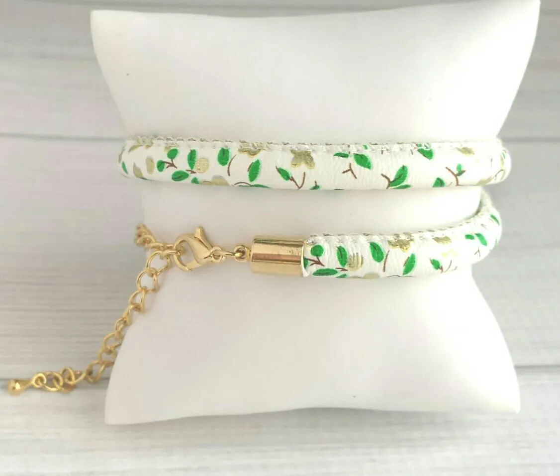 White Faux Leather Bracelet, vegan bracelet, imitation leather bracelet, white cord bracelet, double wrap bracelet, leaf wrap, gold clasp