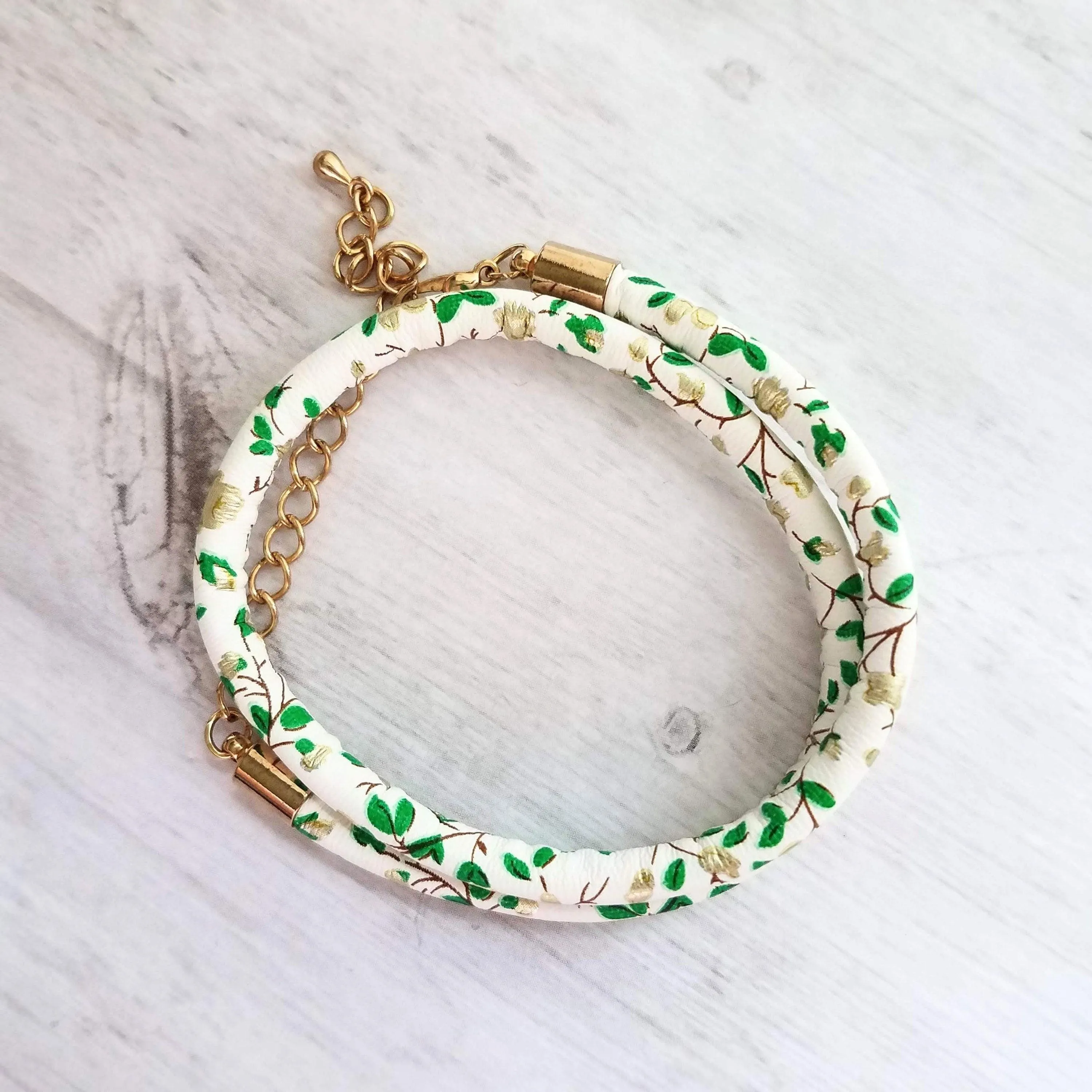 White Faux Leather Bracelet, vegan bracelet, imitation leather bracelet, white cord bracelet, double wrap bracelet, leaf wrap, gold clasp