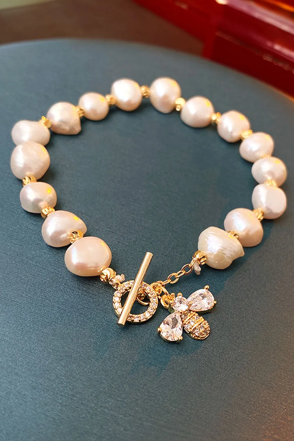 White Vintage Bee Rhinestone Baroque Pearl Bracelet