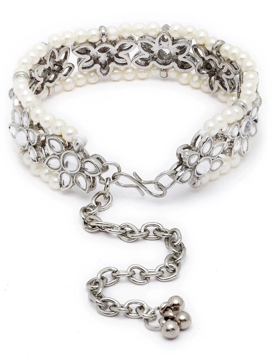 Women Silver-Toned & White Kundan Silver-Plated Wraparound Bracelet