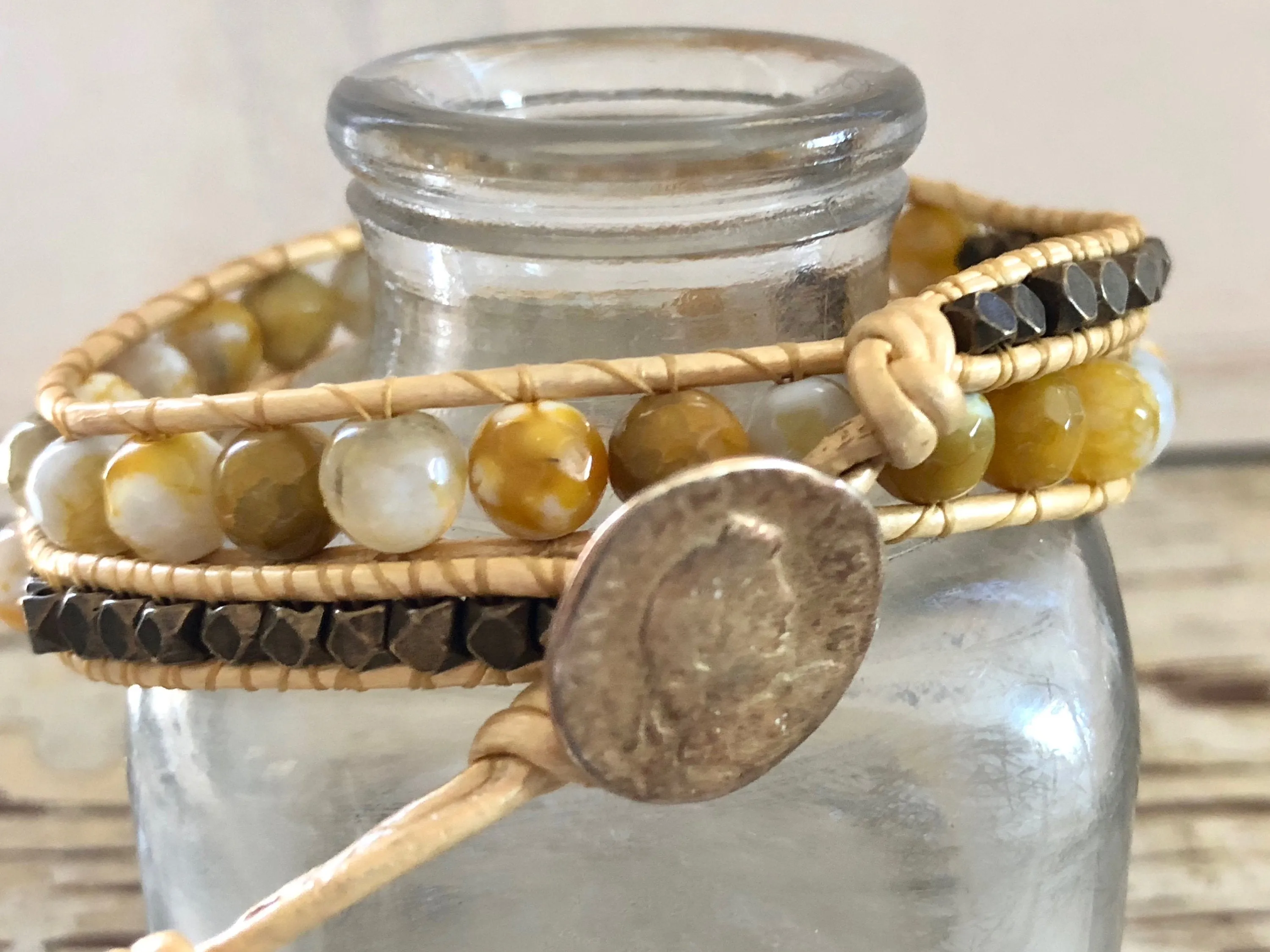 Yellow Agate Bracelet - Agate Leather Wrap - Agate Jewelry - Agate Bracelet - Double Leather Wrap - Women's Bracelet - Men's Bracelet